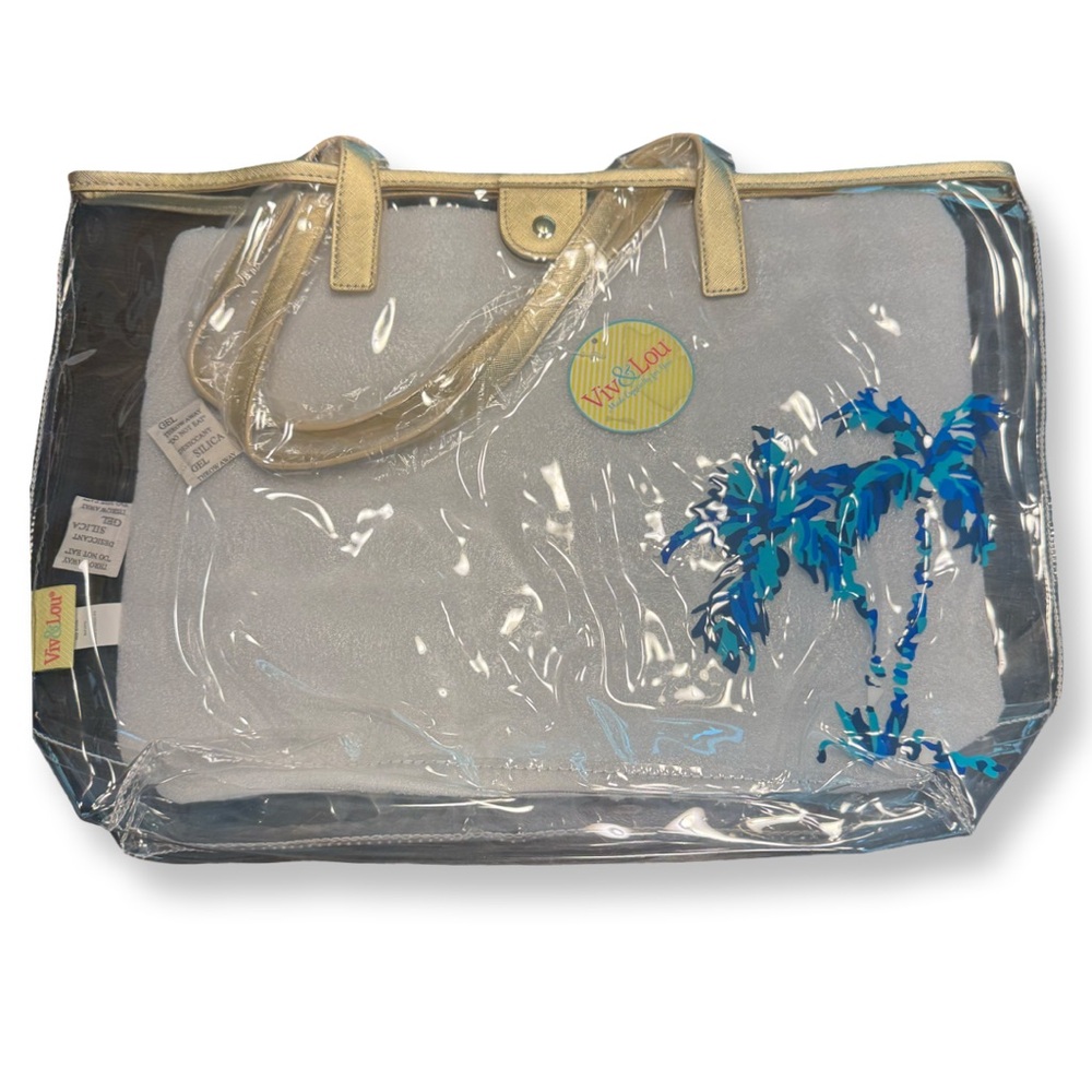 New Viv and Lou Clear and Blue Palm Tree Beach Tote Bag 13”,13”,5”
